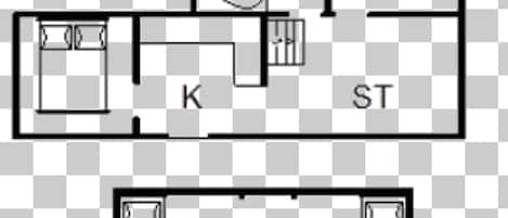 A 1-floor layout with a kitchen, two bedrooms, a bathroom, and a living area.