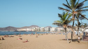 Una playa con palmeras, gente tomando el sol y edificios al fondo.