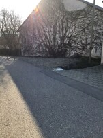 Um caminho de paralelepípedos leva a um edifício com fachada de pedra e árvores sem folhas.