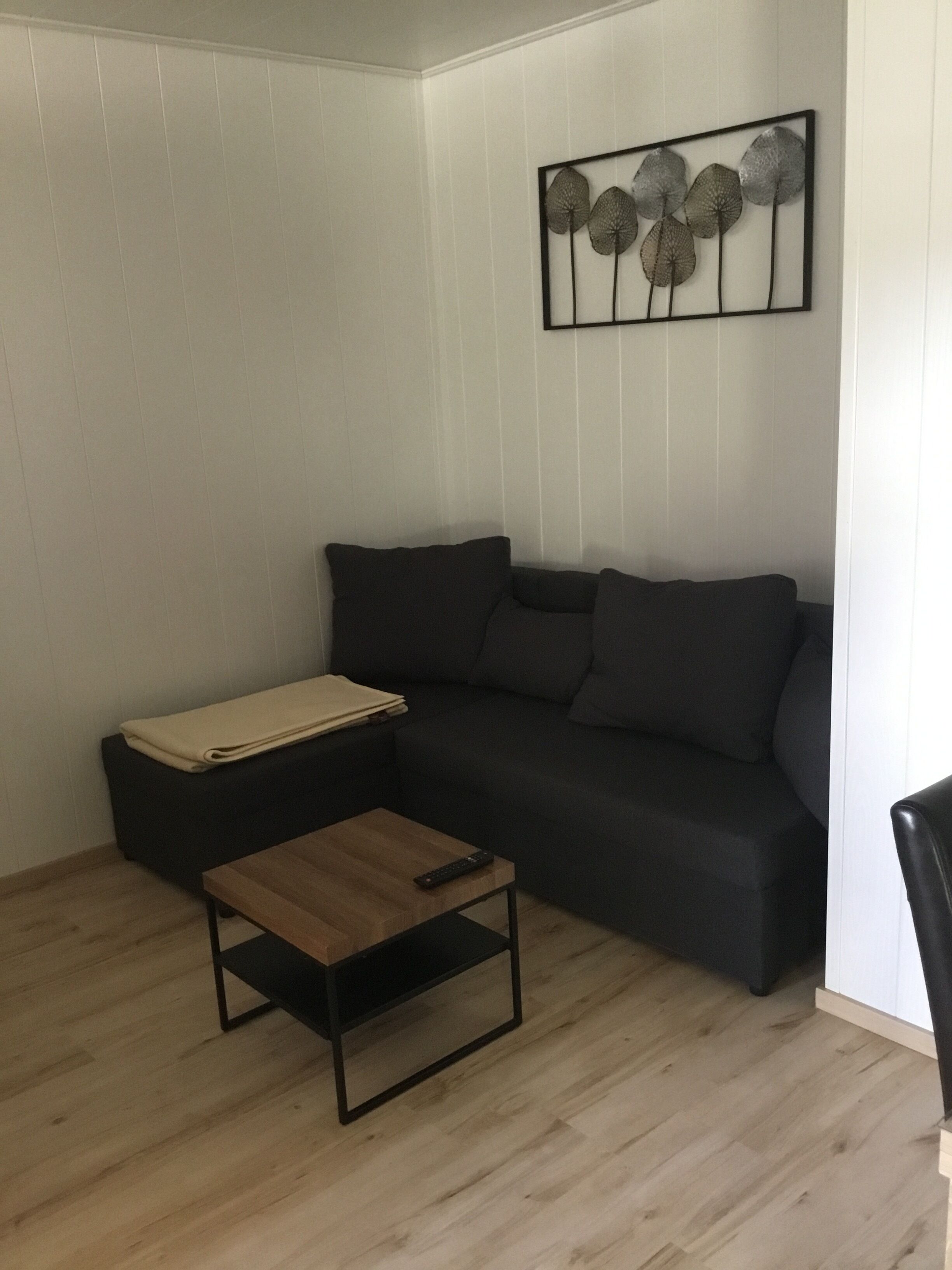 A living room with a dark-colored sofa, a wooden coffee table, and a wall-mounted decorative piece.