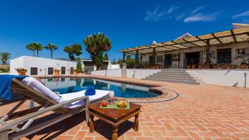A poolside area with a lounge chair, a table with fruit and a drink, and a covered patio with plants.