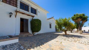 Un edificio blanco con un patio empedrado de piedra, una puerta de madera y un pequeño jardín con una palmera.
