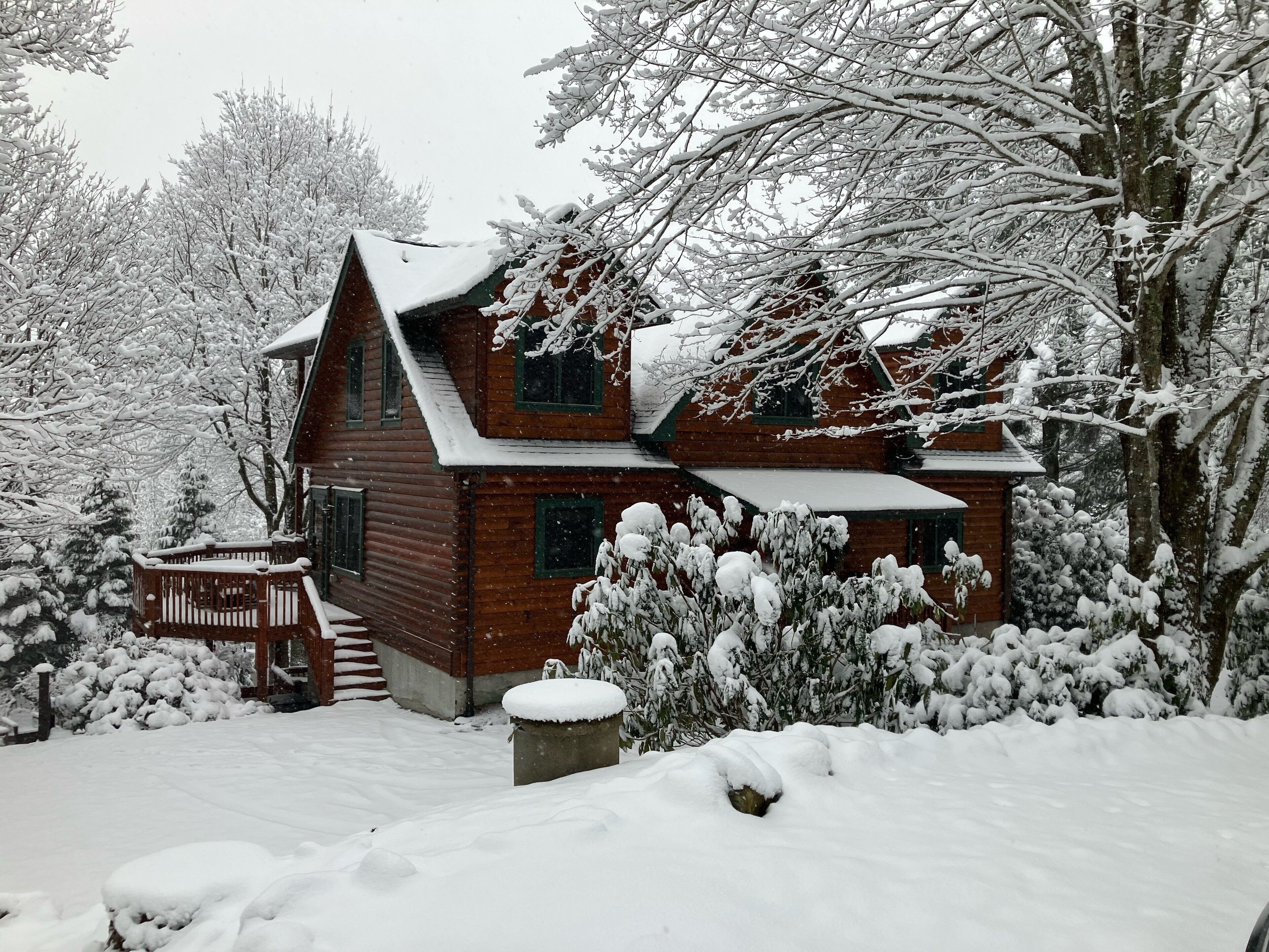 Uma cabana de madeira com telhado íngreme, rodeada por árvores e arbustos cobertos de neve.