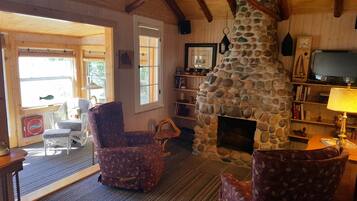 Smart TV, fireplace, DVD player, books