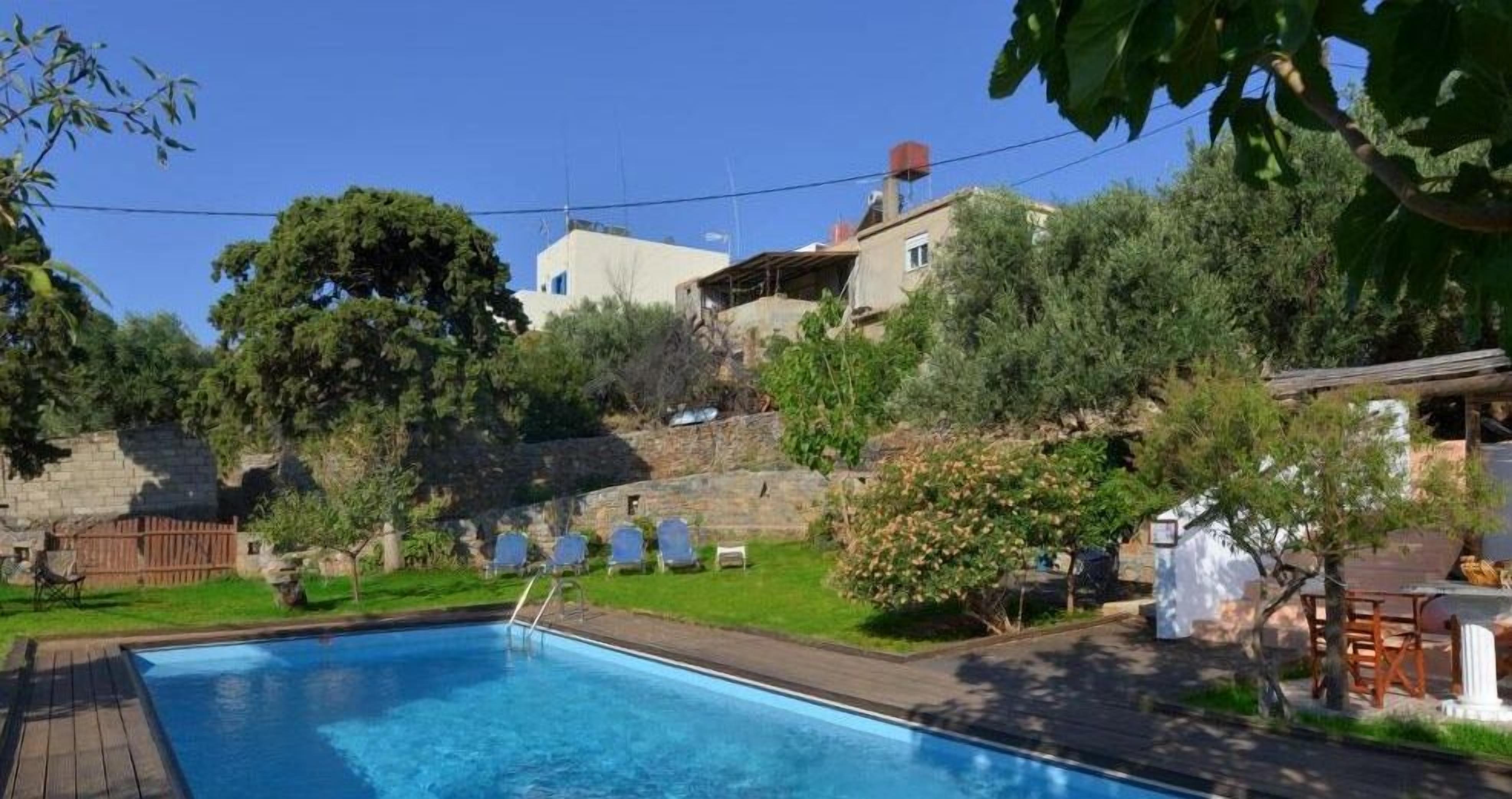 Piscina com deck de madeira, cercada por vegetação e um muro de pedra.