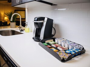 Microwave, coffee/tea maker, cookware/dishes/utensils