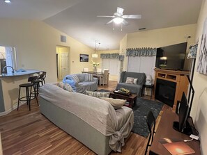 Smart TV, fireplace, books, computer monitors