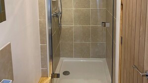 Een douche met glazen deur, een witte wastafel en een houten vloer.