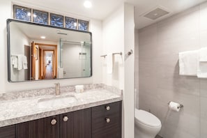 Une salle de bain avec un grand miroir, un lavabo, des meubles sombres, des toilettes et un espace douche.