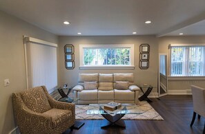 Smart TV, fireplace, books, stereo