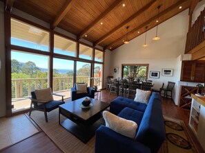 Smart TV, fireplace, books, printers