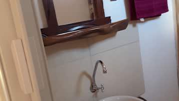 Shower, towels, soap, toilet paper