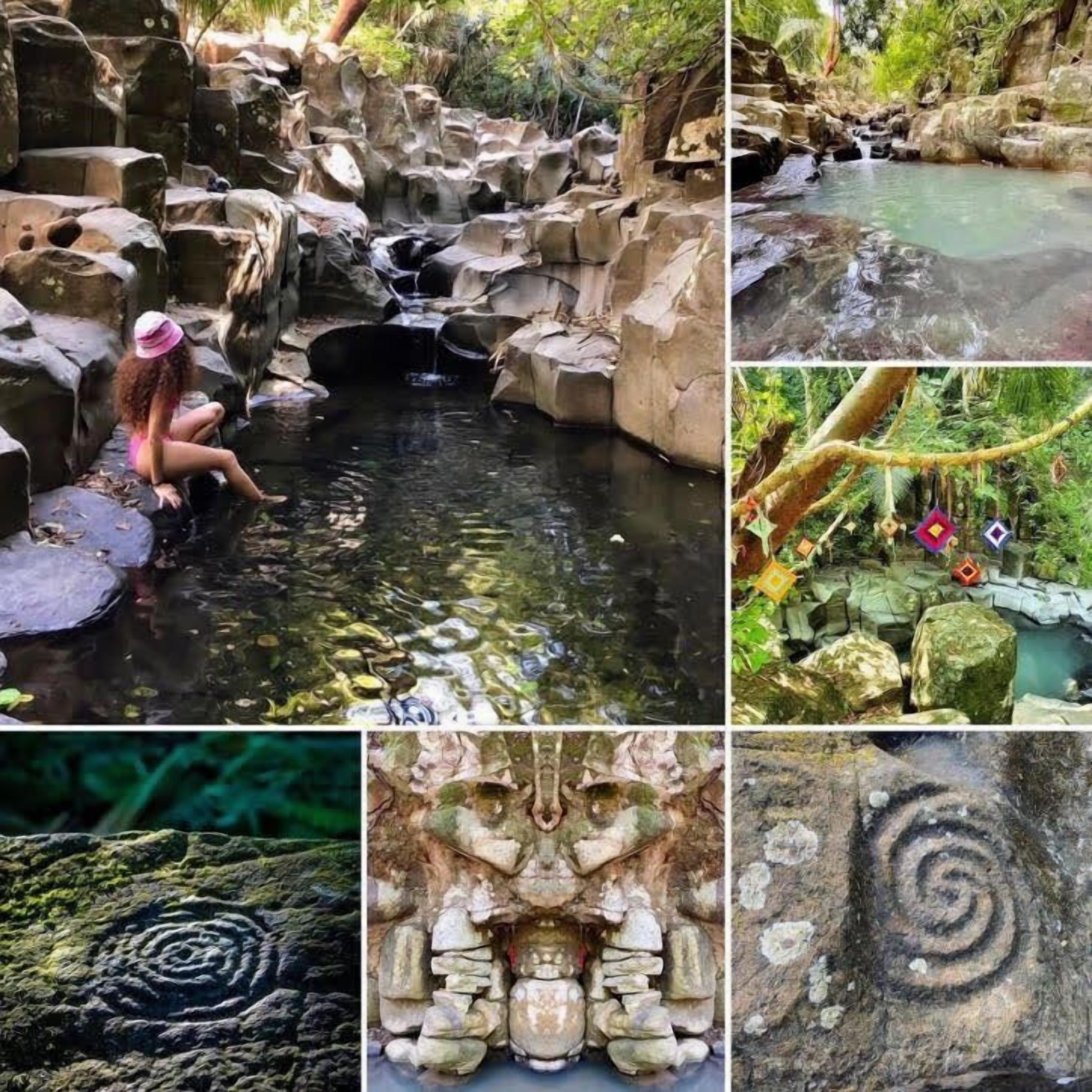 Formación rocosa natural con una pequeña cascada y un estanque cristalino.