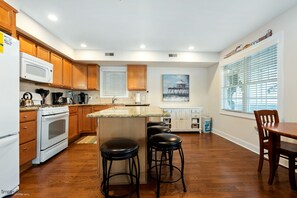 Fridge, microwave, dishwasher, dining tables