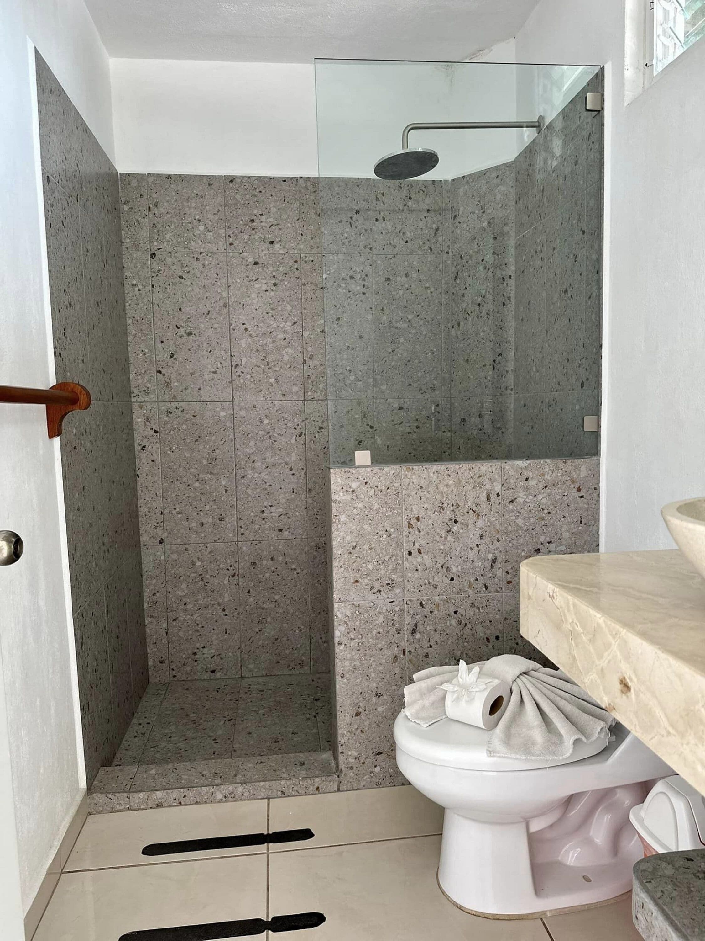 Une salle de bain avec une douche, des toilettes et un lavabo.