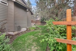 A residential backyard with a lawn, a wooden fence, and a house with siding.