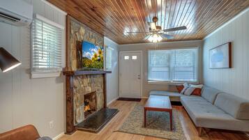 Smart TV, fireplace, books