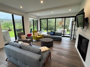 TV connectée, cheminée, livres, vidéothèque