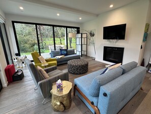 Smart TV, chimenea, libros, videoteca