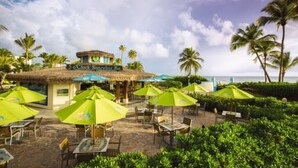 Un área de estar al aire libre con mesas y sillas, palmeras y un edificio con techo de paja que dice '5 o'Clock Somewhere Bar'.