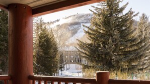 A wooden balcony with a view of a snow-covered mountain and evergreen trees.