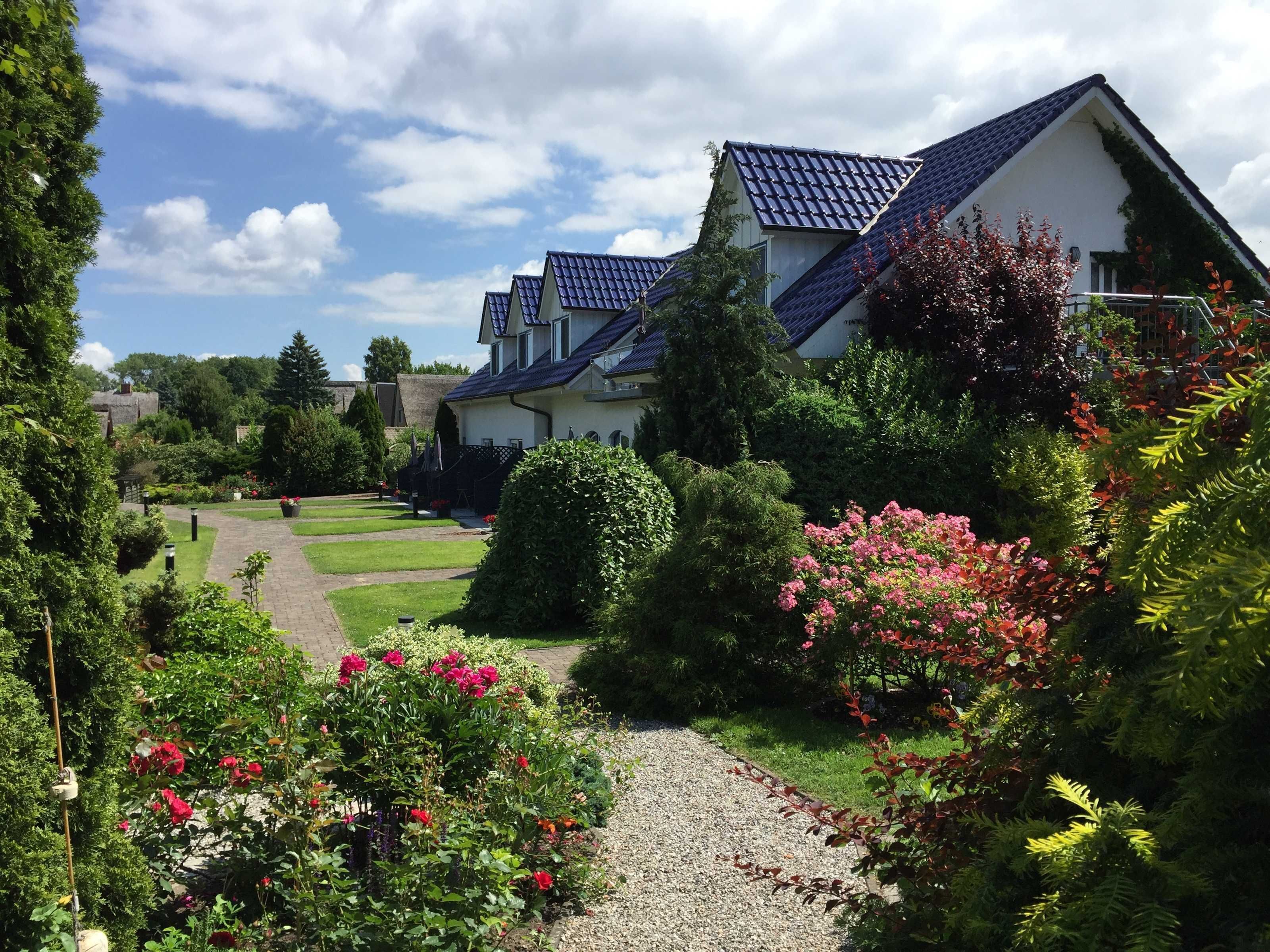 A residential area with multiple houses, a gravel path, and lush greenery.