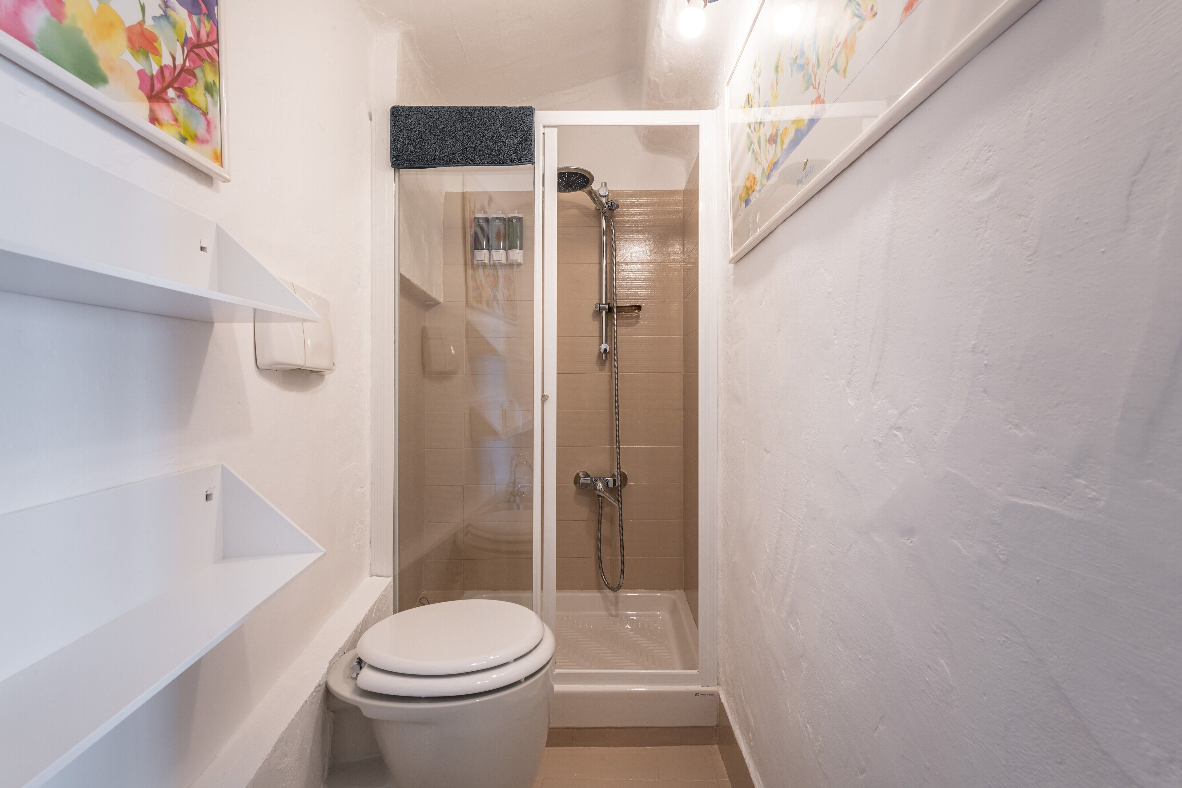 Une salle de bain comprenant des toilettes, une douche et un espace douche délimité par des parois en verre.