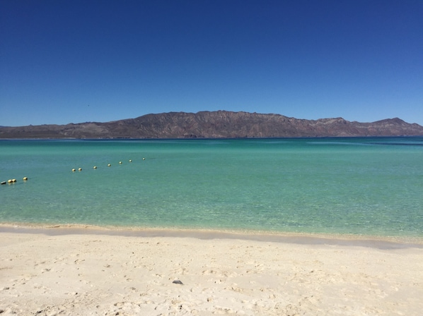 Enjoy a serene beach experience with clear turquoise waters and a sandy shore.