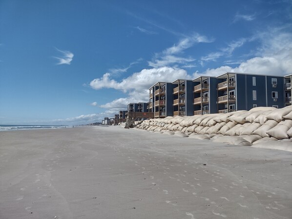 On the beach, sun-loungers
