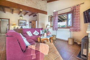 Flatscreentelevisie, een open haard en een dvd-speler