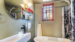 Combined shower/tub, hair dryer, towels, shampoo
