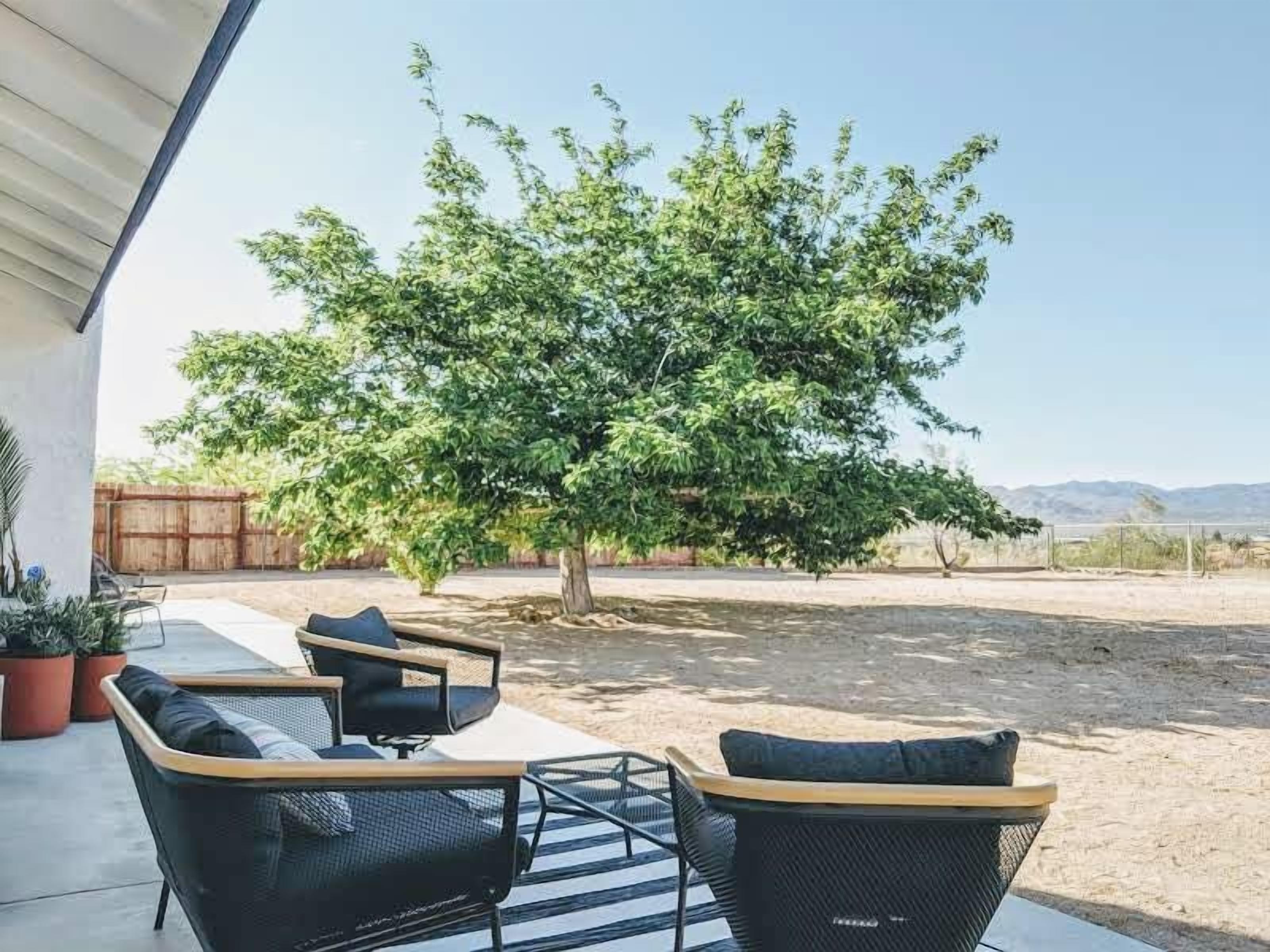 Een terras met twee stoelen, een tafel, een boom en een heldere lucht.