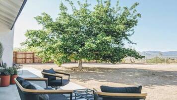Een terras met twee stoelen, een tafel, een boom en een heldere lucht.