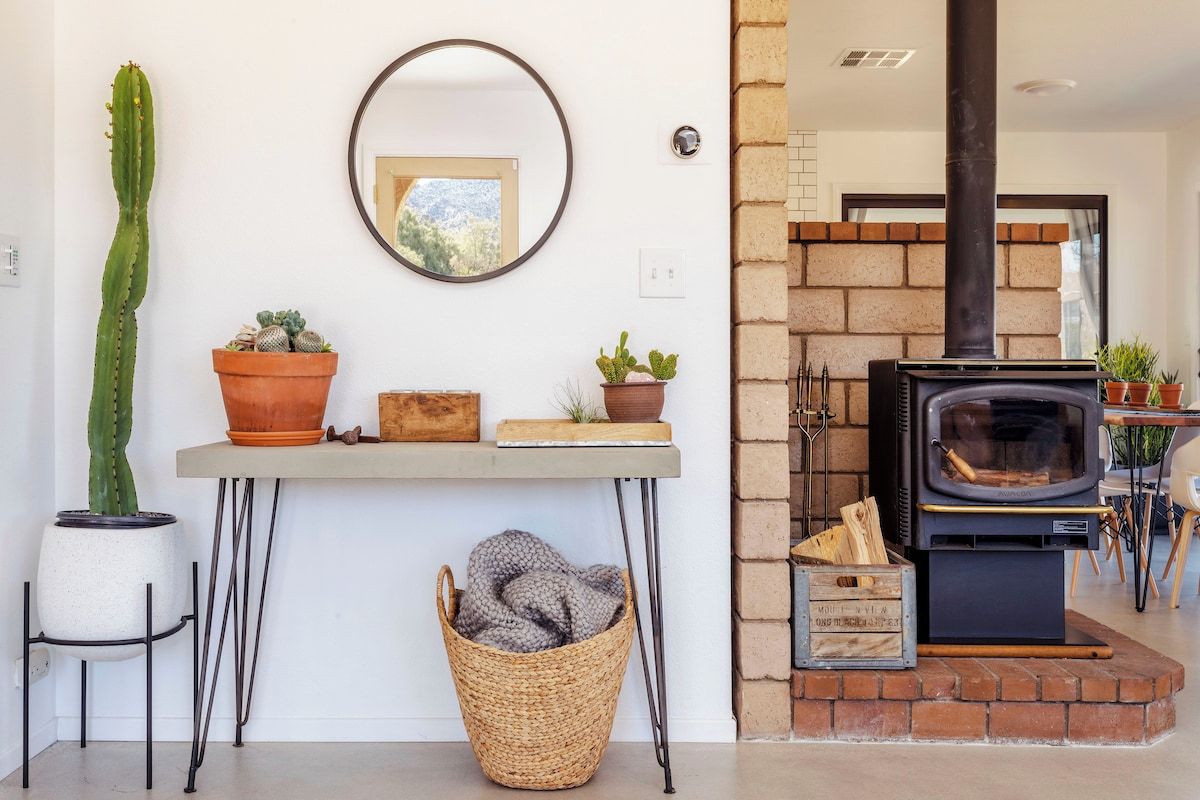 A living room with a fireplace, a cactus, and a mirror on the wall.