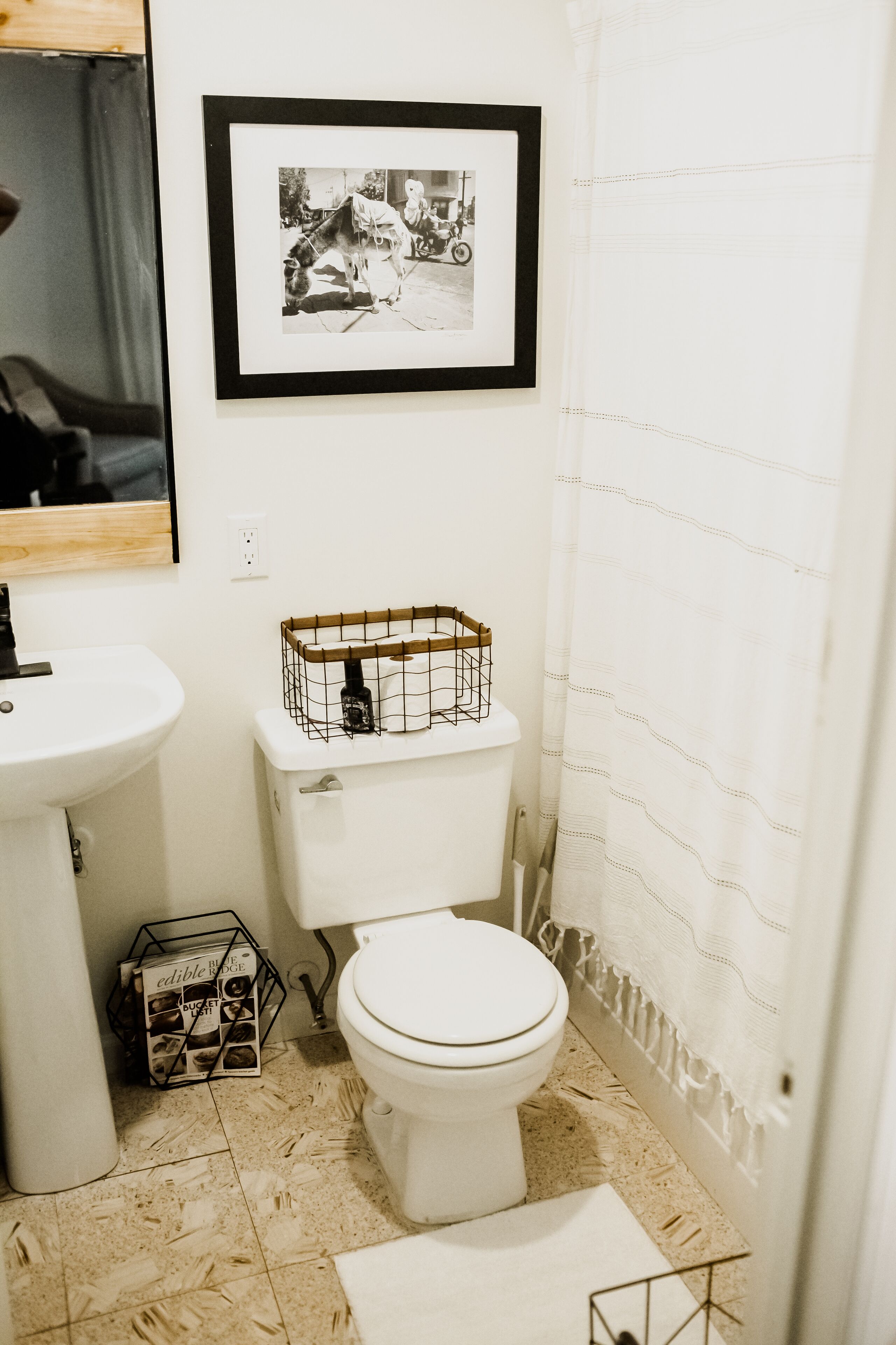 Une salle de bain avec des toilettes, un lavabo et un tableau encadré au mur.