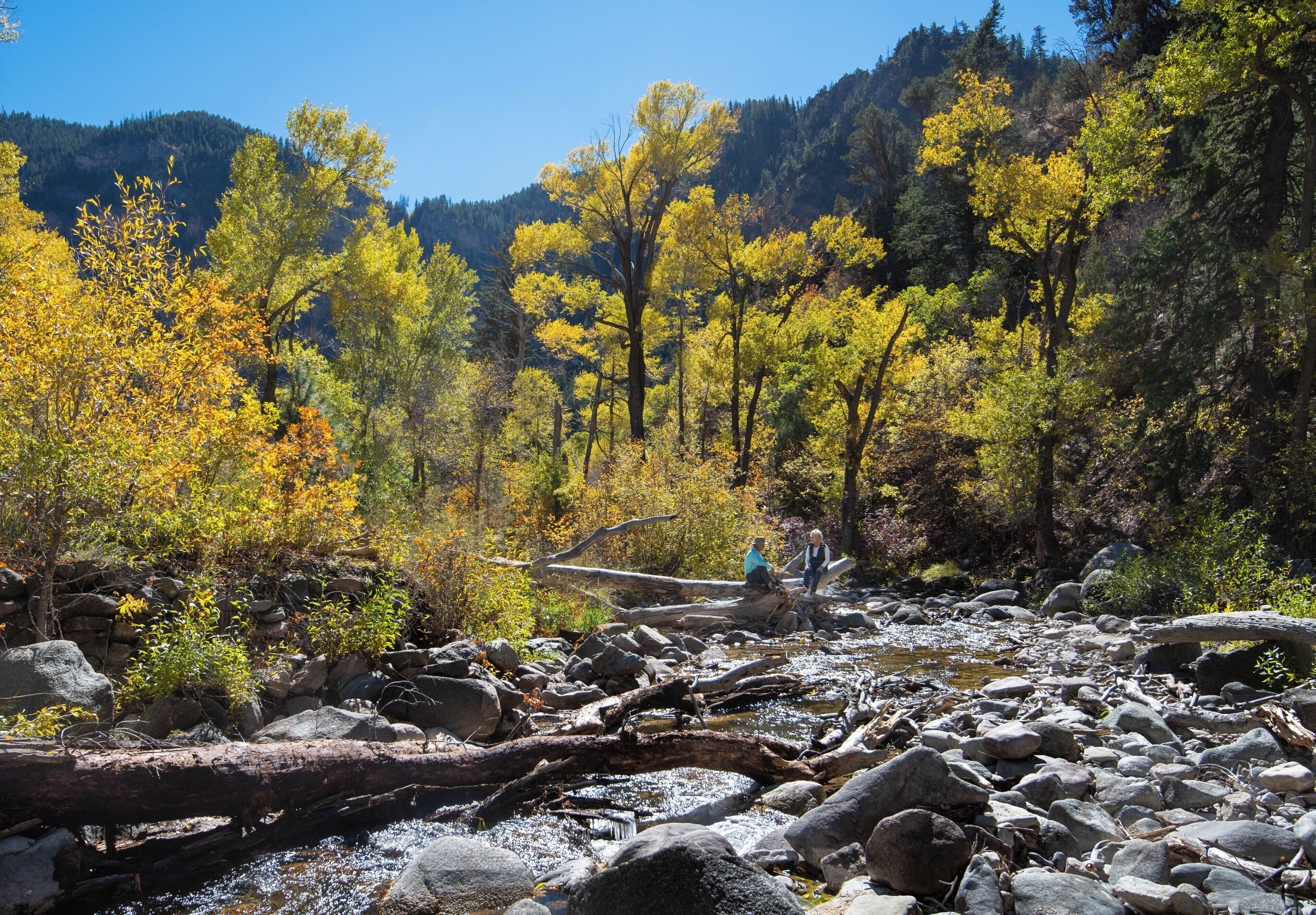 A natural landscape with a river, rocks, and trees.