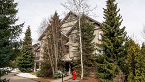 Un immeuble à plusieurs étages, de style architectural traditionnel, entouré d’arbres à feuilles persistantes et dont le sol est recouvert de neige.