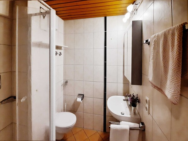 A bathroom with a toilet, sink, and shower.