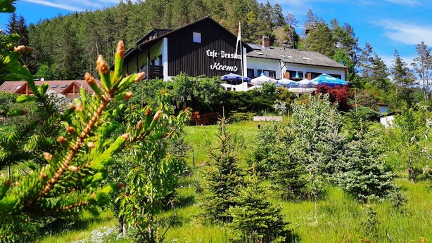 A lodge with a large sign reading 'Cafe Pension Kemps' surrounded by lush greenery and trees. - Café-Pension Krems - Double room (Waischenfeld-Heroldsberg-Tal)