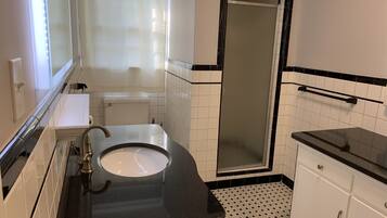 Combined shower/tub, hair dryer, towels, soap