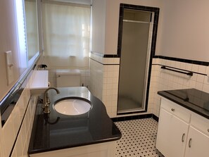 Combined shower/bathtub, hair dryer, towels, soap