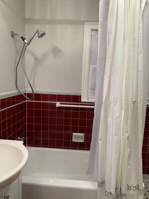 Combined shower/tub, hair dryer, towels, soap