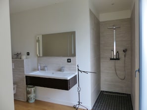 Combined shower/bathtub, hair dryer, towels, soap