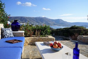 Une terrasse avec vue sur les montagnes, une table avec un saladier de fruits, un vase bleu et une bouteille bleue.