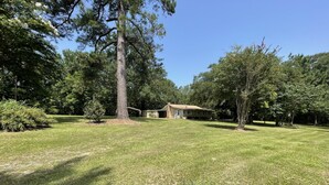 A spacious grassy area with a large tree, a small building, and a clear blue sky. - Beautiful Country Home on 11 Acres Near Toledo Bend Lake. (Milam)