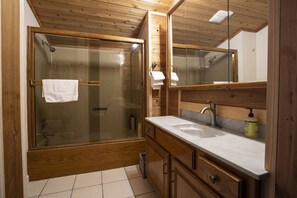 Combined shower/bathtub, towels, soap, toilet paper - Little Cottonwood Home Base, Large Hot Tub! (Sandy)