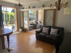 TV, fireplace, DVD player, books