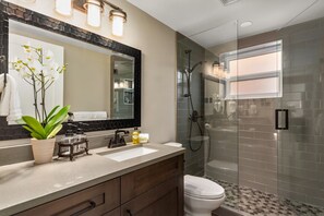 Ducha, secador de pelo, toallas, jabón