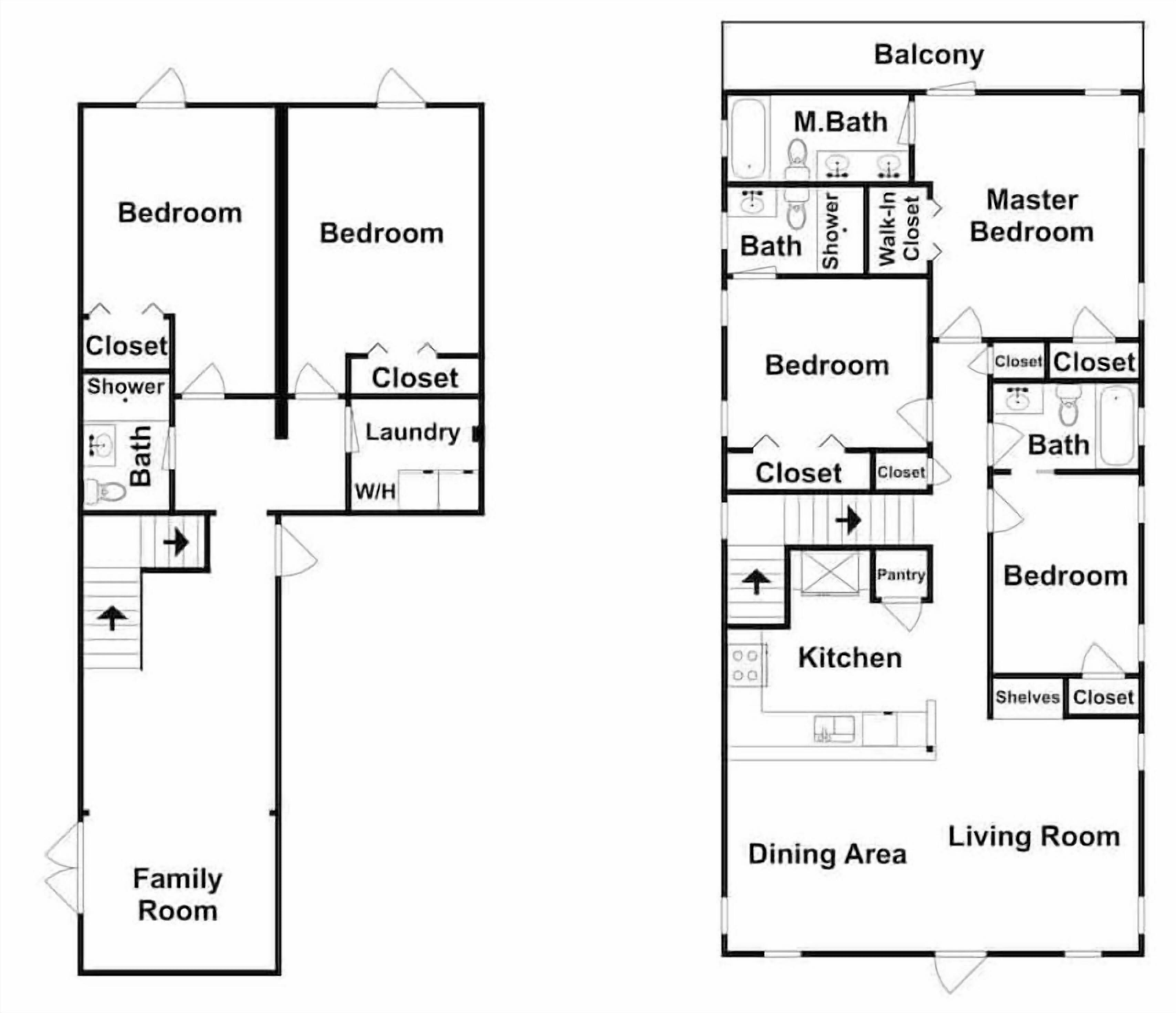 Un plan d’étage d’un hôtel comprenant deux chambres, une chambre principale, un balcon, une salle familiale, un coin repas, une cuisine et un salon.