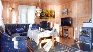 Ein gemütliches Blockhaushaus-Interieur mit einer Couch, einem Tisch, einem Fernseher und einem Kaminofen.